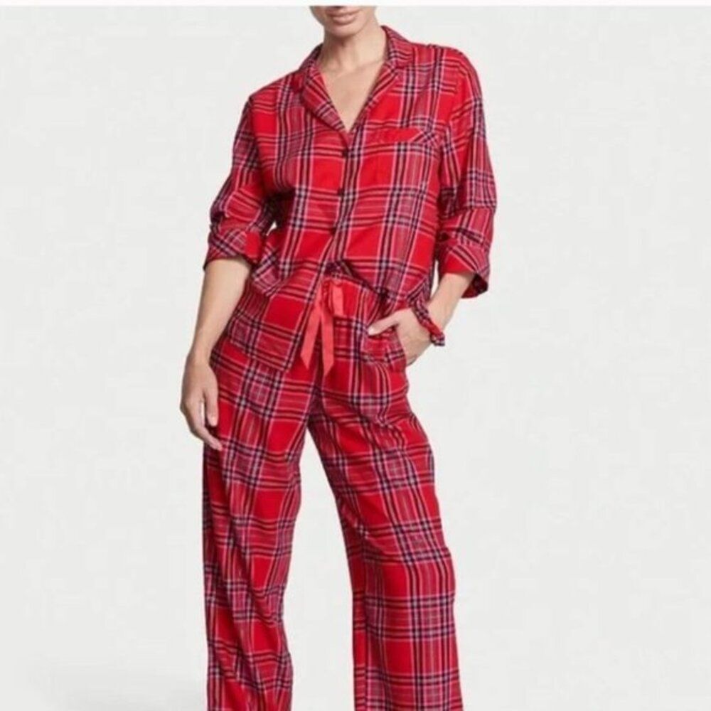 XXL VICTORIA SECRET FLANNEL LONG PJ SET Pajama Red Plaid New